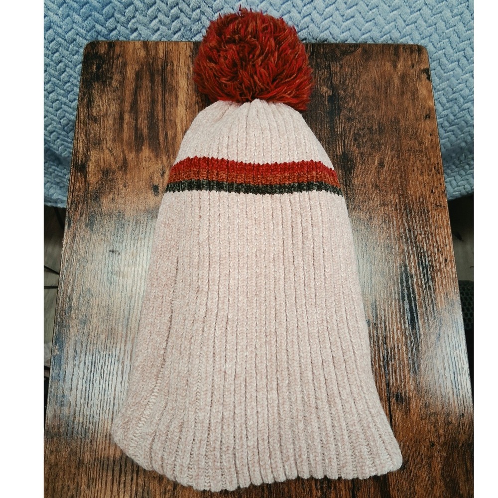 Striped Ribbed Knit Beanie with Pom-Pom Blush Pink Rust Green Slouchy Winter Hat